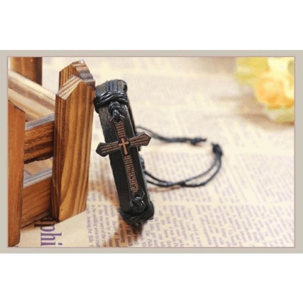 Genuine Black Leather Cross Unisex Bracelet - Picture 6 of 6